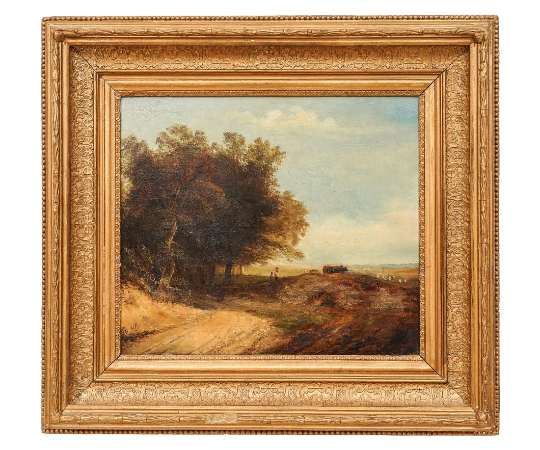 WILLIAM HENRY CROME OIL ON CANVAS: William Henry Crome (1806-1873, UK) oil on canvas of a fall landscape with shepherds and cattle. 13.25" x 16" ss / 21" x 23" oa