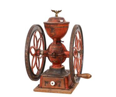 ENTERPRISE MFG. CO. NO 7: Enterprise Mfg. Co., Philadelphia, PA, No. 7, pat. July 12, 1898 /pat. Oct. 21, 1873 double wheel coffee mill with original paint decoration, stencil/decal and eagle finial, in working