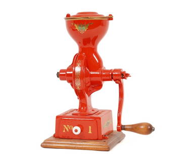 COLES MFG. CO. NO. 1: Coles Mfg. Co., Philadelphia, PA, No. 1 cast iron coffee mill, restored in acrylic enamel red paint. 12.5"h x 9.5"w x 6.5"d