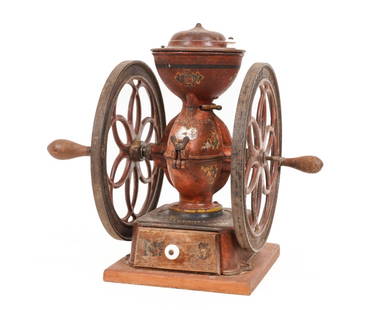 ENTERPRISE MFG. CO. NO. 5: Enterprise Mfg. Co., Philadelphia, PA, No. 5, pat. July 12,1898, double wheel coffee grinder with original paint decoration, stencil/decal, in working condition. 18"h x 10"w x 12.5" wheel dia.