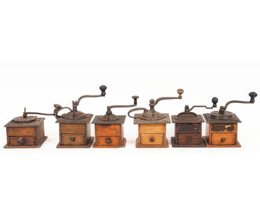 SIX BOX COFFEE MILLS: Six box coffee mills circa 1880 including an Arcade, an Imperial and one by Parker. Largest: 4.5"h x 6"w x 6"d