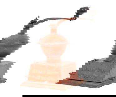 GRAND UNION TEA COMPANY: Grand Union Tea Co. cast iron coffee mill in old original paint with stenciling, in working condition. 9"h x 6.75"w x 9"d
