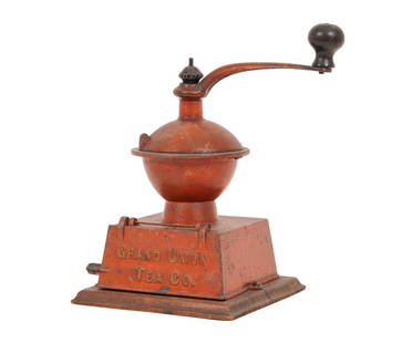 GRAND UNION TEA COMPANY: Grand Union Tea Co. cast iron coffee mill in old original paint with stenciling, in working condition. 9"h x 6.75"w x 9"d