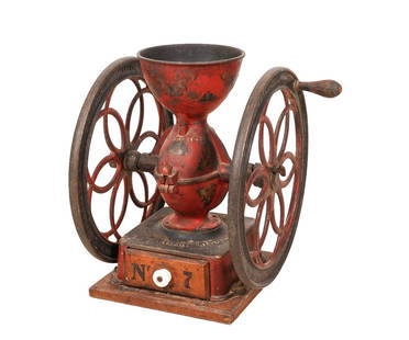 ENTERPRISE MFG. CO. NO. 7: Enterprise Mfg. Co., Philadelphia, PA, No. 7, double wheel coffee grinder with original paint and stencil decoration, pat. Oct. 21, 1870/1873, in working condition. 18"h x 12.25"w x 15.5" wheel dia.