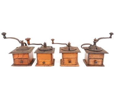 FOUR BOX COFFEE MILLS: Four vintage box coffee mills, in working condition. Largest: 10.5"h x 6.5"w x 6.5"d