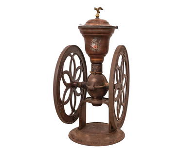 ENTERPRISE MFG. CO. NO. 112-1/2: Enterprise Mfg. Co., Philadelphia, PA USA No. 112-1/2 double wheel coffee grinder pat. July 12, 1898, with original paint decoration, stencil/decal and eagle finial. 41"h x 16.5"w x 25" wheel dia.