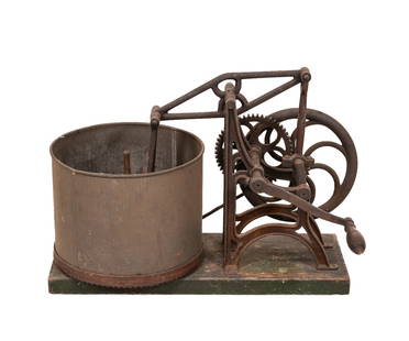 L.S. STARRETTE'S FOOD CHOPPER NO.2: L.S. Starrette's No.2 mechanical food chopper, pat. May 23, 1865, with original green painted base. 14"h x 19"w x 10"d