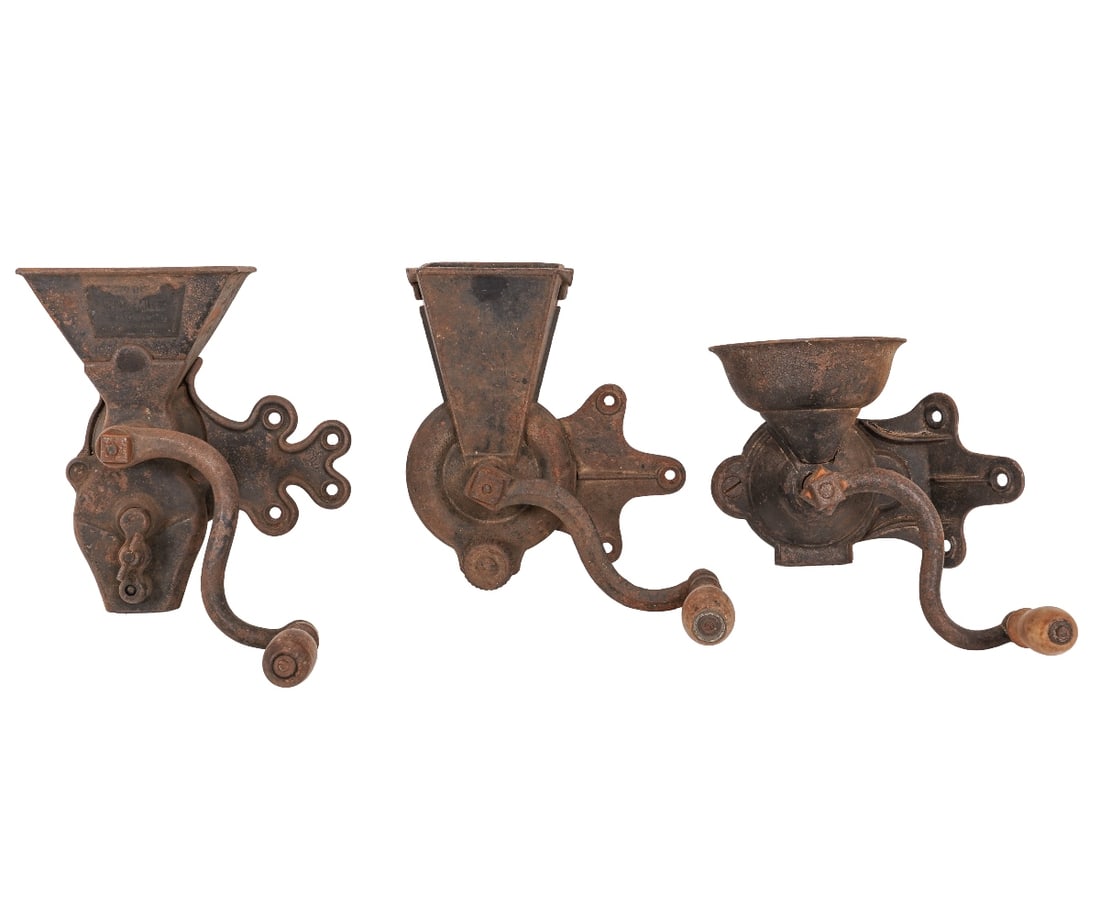 THREE CAST IRON WALL COFFEE MILLS (1 of 6)