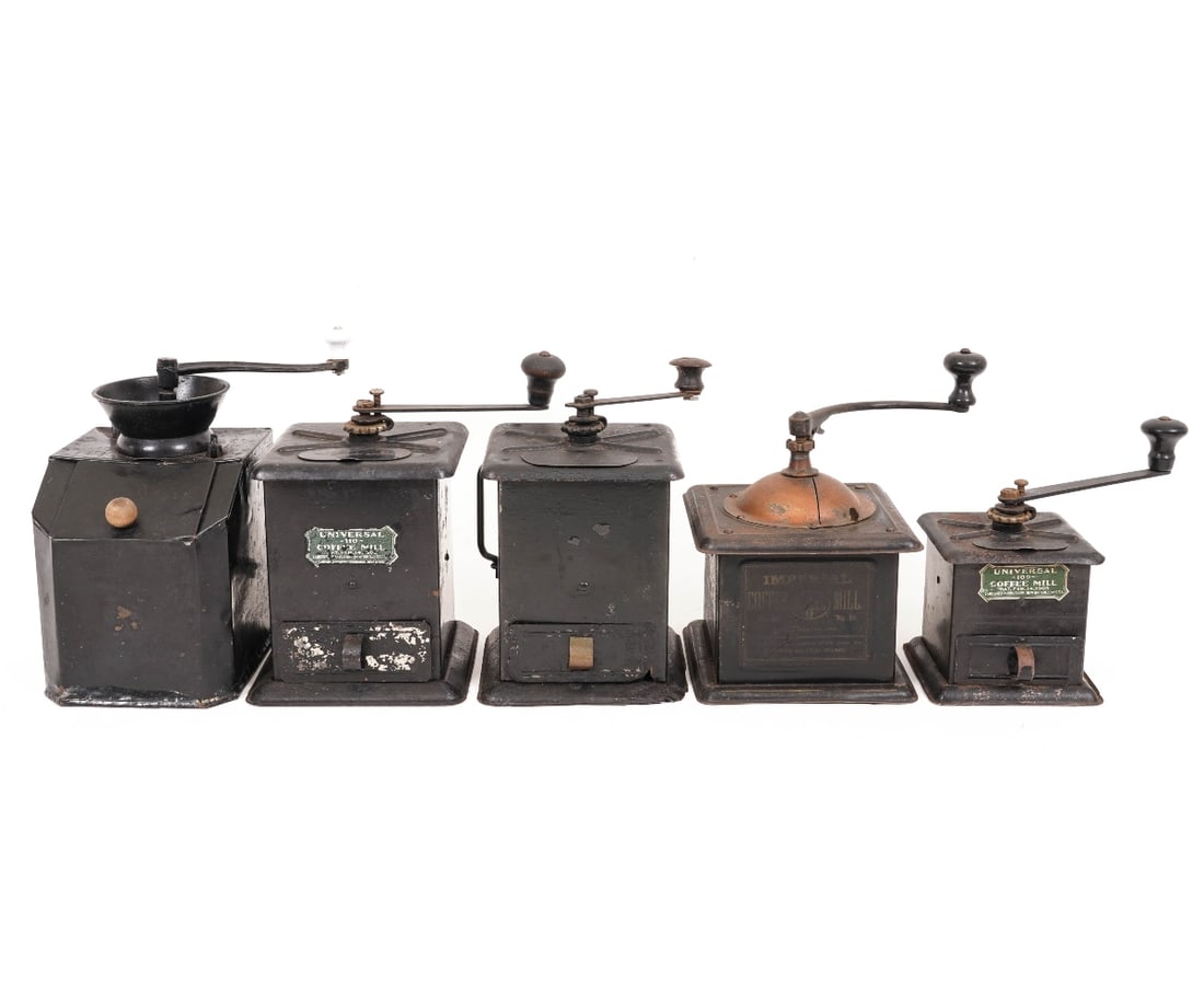 FIVE TIN BOX COFFEE GRINDERS (1 of 9)