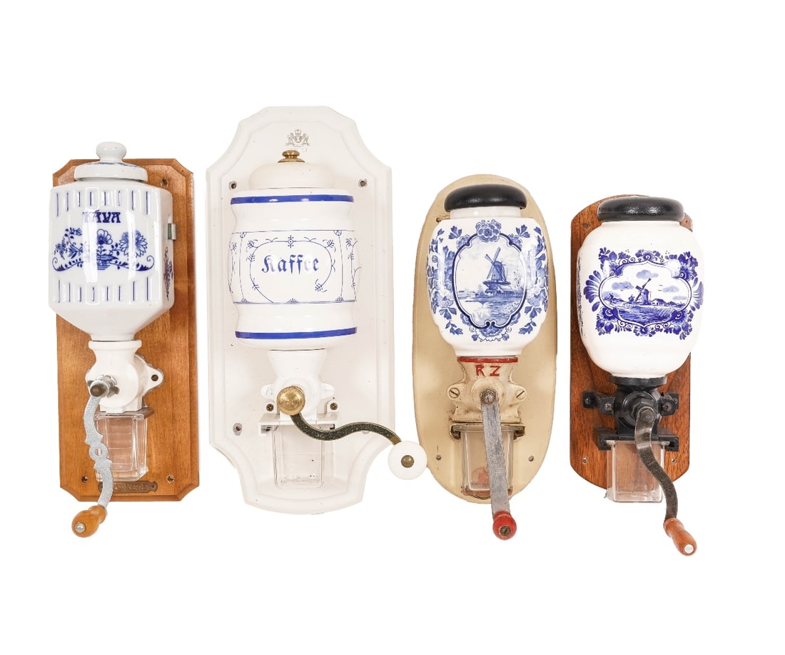 FOUR CERAMIC WALL GRINDERS: Four wall grinders to include an R. Zassenhaus ceramic canister with original label, 13"h x 6"w x 7"d; together with 3 contemporary models.