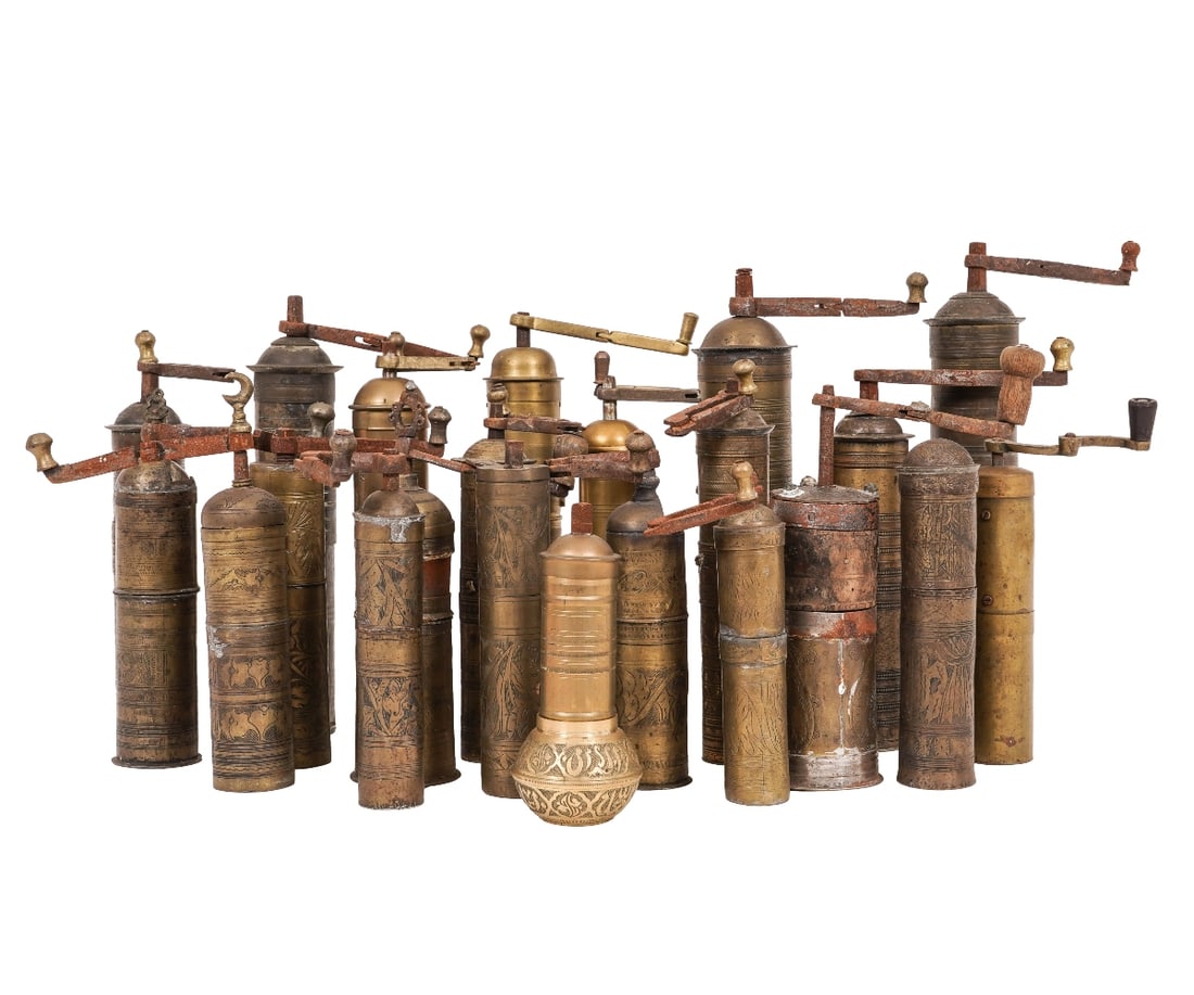 TURKISH COFFEE GRINDERS: Collection of 22 Turkish coffee grinders. Tallest: 13.5"h