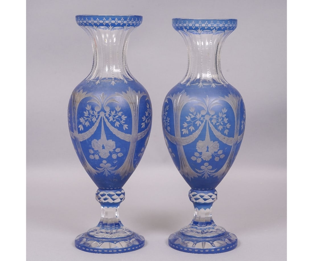 PAIR OF BLUE ETCHED GLASS VASES (1 of 5)