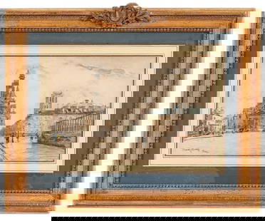 FRANK MYERS BOGGS WATERCOLOR: Frank Myers Boggs (1855-1926, OH/France) framed and matted watercolor of Paris, France mounted in an ornate gilt frame. 10.75" x 16" ss / 20" x 25.5" oa