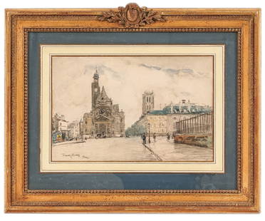 FRANK MYERS BOGGS WATERCOLOR: Frank Myers Boggs (1855-1926, OH/France) framed and matted watercolor of Paris, France mounted in an ornate gilt frame. 10.75" x 16" ss / 20" x 25.5" oa