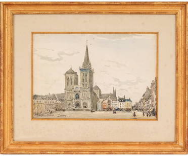 FRANK MYERS BOGGS WATERCOLOR: Frank Myers Boggs (1855-1920, OH/France) framed and matted watercolor titled "The Cathedral at Lisieux" circa1890 with a Kennedy Galleries label. 11" x 15" ss / 18.5" x 22.5" oa