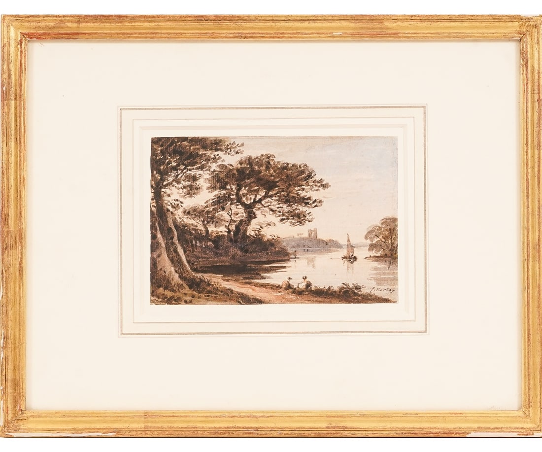 JOHN VARLEY JR WATERCOLOR: John Varley, Jr. O.W.S. (1850-1933, UK) framed and matted watercolor of figures by the shore with a castle, signed, with gallery label. 4.25" x 6" ss / 10" x 13.25" oa