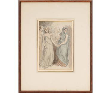 THOMAS STOTHARD PEN & INK: Thomas Stothard R.A. (1755-1834, UK) framed and matted pen and ink of King Lear and his daughters with Gallery labels. 11" x 7.5" ss / 21" x 17" oa