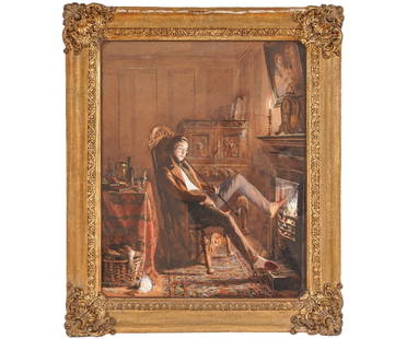 JOHN ABSOLON WATERCOLOR: John Absolon (1815-1895, UK/France) watercolor and body color titled "A Student's Lodgings" signed, with Christopher Wood Gallery label. 19" x 15" ss / 24" x 20" oa