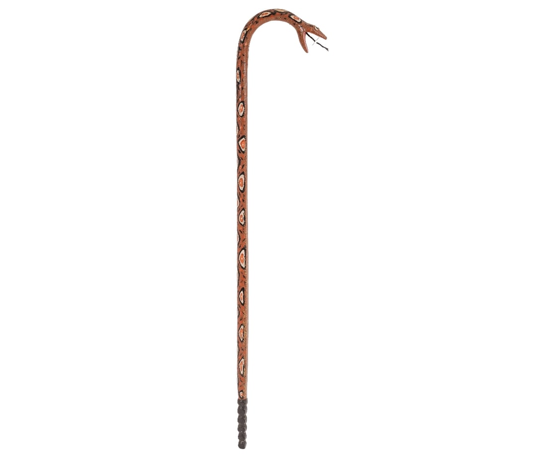 LONNIE & TWYLA MONEY CANE: Lonnie & Twyla Money carved and paint decorated snake cane, signed. 36.5"h x 7"w