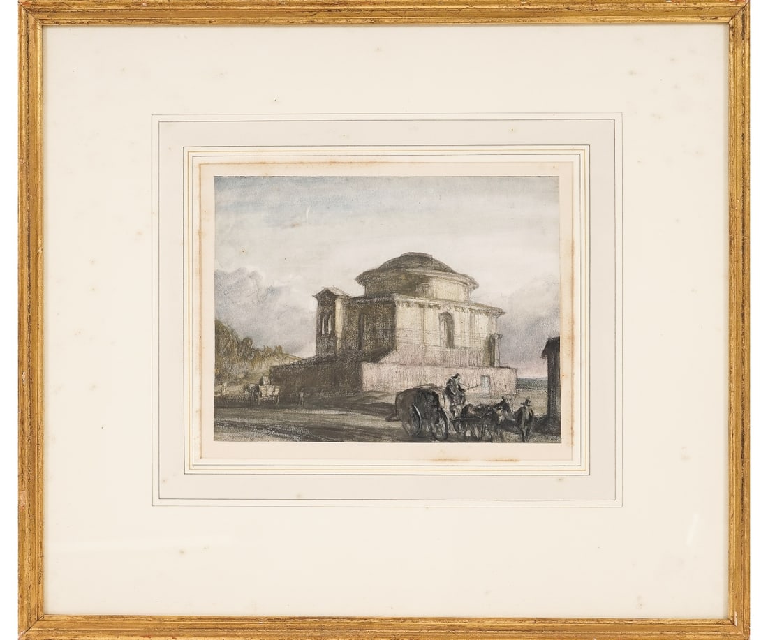 SIR MUIRHEAD BONE WATERCOLOR: Sir Muirhead Bone HRWS, NEAC (1876-1953, UK, Scotland) framed and matted, pencil and watercolor titled "Vignola's Church via Falminia, Rome" signed. 8" x 9.75" ss / 17" x 19.5" oa