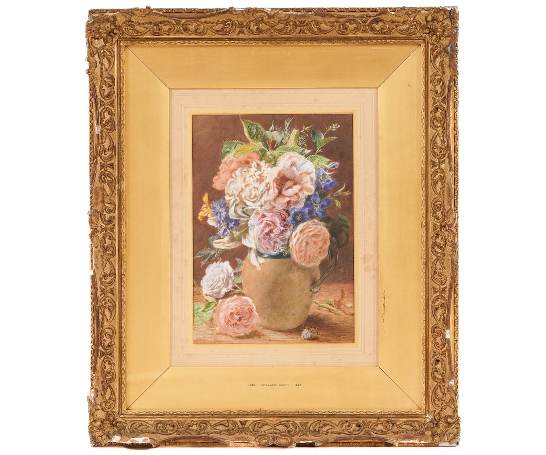 WILLIAM HENRY HUNT WATERCOLOR: William Henry Hunt (1790-1864, English) watercolor still life of roses mounted in an ornate gilt frame. 11" x 7.5" ss / 20" x 17.25 oa