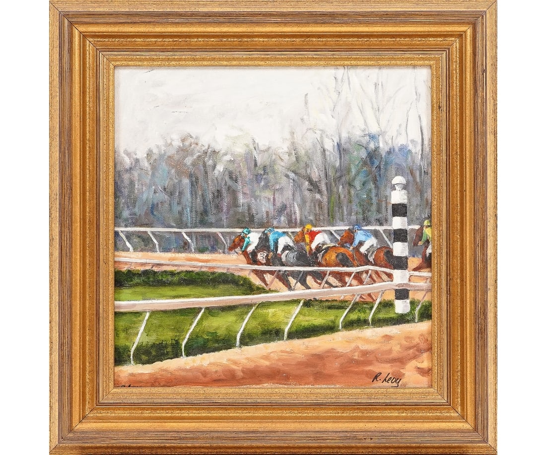 R. LEVY OIL ON CANVAS: R. Levy oil on canvas titled "Winter Racing, Philadelphia Park" mounted in a gilt frame, 20th c. 11.75" x 11.5" ss / 16.5" x 16.25" oa