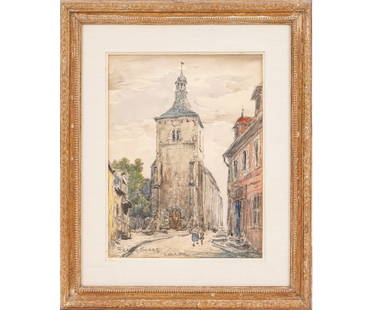 FRANK MYERS BOGGS WATERCOLOR: Frank Myers Boggs (1855-1926, American) framed and matted watercolor of a village street scene at Veudre, circa 1900, with Bernard Black Gallery label. 15.75" x 12.5" ss / 24" x 21" oa