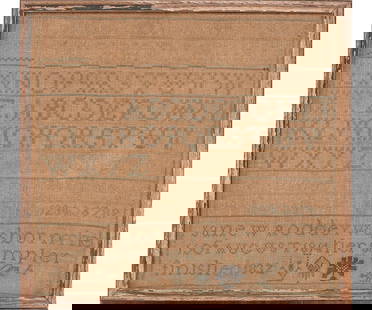 SILK ON LINEN SAMPLER: Silk on linen sampler wrought by Jane W. Roddey, done in 1832, born 1814 with ABC's. 18" x 19" oa