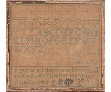 SILK ON LINEN SAMPLER: Silk on linen sampler wrought by Jane W. Roddey, done in 1832, born 1814 with ABC's. 18" x 19" oa