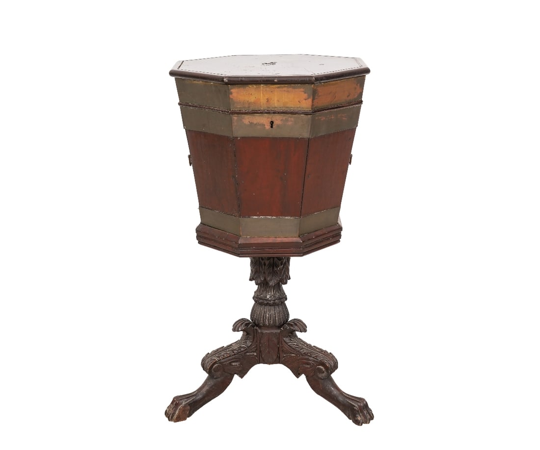 OCTAGONAL CELLARETTE: Octagonal form mahogany and brass bound cellarette (wine cooler) with galvanized interior, late 19th c. 36.25"h x 19"w x 19"d