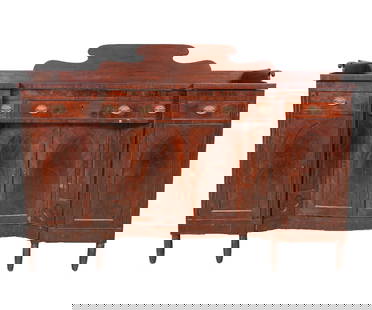 PHILADELPHIA SHERATON SIDEBOARD: Philadelphia Sheraton mahogany sideboard with galleried carved back splash, circa 1820. 53.25"h x 73"w x 25.5"d