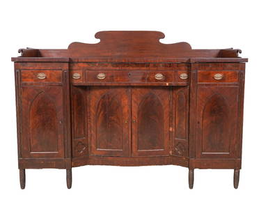 PHILADELPHIA SHERATON SIDEBOARD: Philadelphia Sheraton mahogany sideboard with galleried carved back splash, circa 1820. 53.25"h x 73"w x 25.5"d