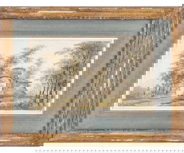 WILLEM DE KLERK WATERCOLOR: Willem De Klerk (1800-1876, Netherlands) framed and matted graphite and watercolor of a guard by a gate in a wooded landscape. 7" x 11.5" ss / 14" x 18.25" oa