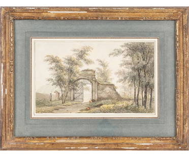 WILLEM DE KLERK WATERCOLOR: Willem De Klerk (1800-1876, Netherlands) framed and matted graphite and watercolor of a guard by a gate in a wooded landscape. 7" x 11.5" ss / 14" x 18.25" oa