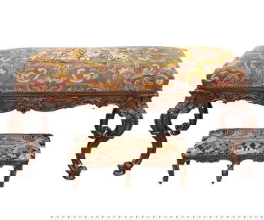 TWO NEEDLEPOINT STOOLS: Acanthus carved walnut French style needlepoint bench; together with a smaller example, circa 1940. Bench: 19.5"h x 43"l x 20.5"w