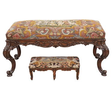 TWO NEEDLEPOINT STOOLS: Acanthus carved walnut French style needlepoint bench; together with a smaller example, circa 1940. Bench: 19.5"h x 43"l x 20.5"w