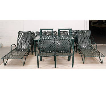 BROWN JORDAN OUTDOOR FURNITURE: Brown Jordan green outdoor furniture to include 8 arm chairs, 2 rocking chairs, 2 settees, 2 lounge chairs, 4 tables with glass tops (one table missing from photo). Large table: 25"h x 61"l x 35"w / C