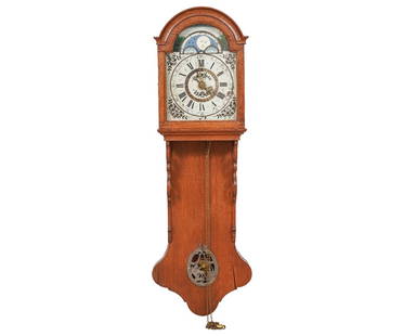 DUTCH WALL CLOCK: Dutch wall clock with painted moon dial, 18th c., with brass works and weights. 49"h x 14"w x 8"dia