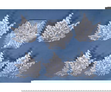 LALIQUE CHAMPS-ELYSEES LEAFS: Five Lalique Champs-Elysees crystal leaves (10"h x 10"w), all signed; together with a hexagonal base from a chandelier (12.5"dia).