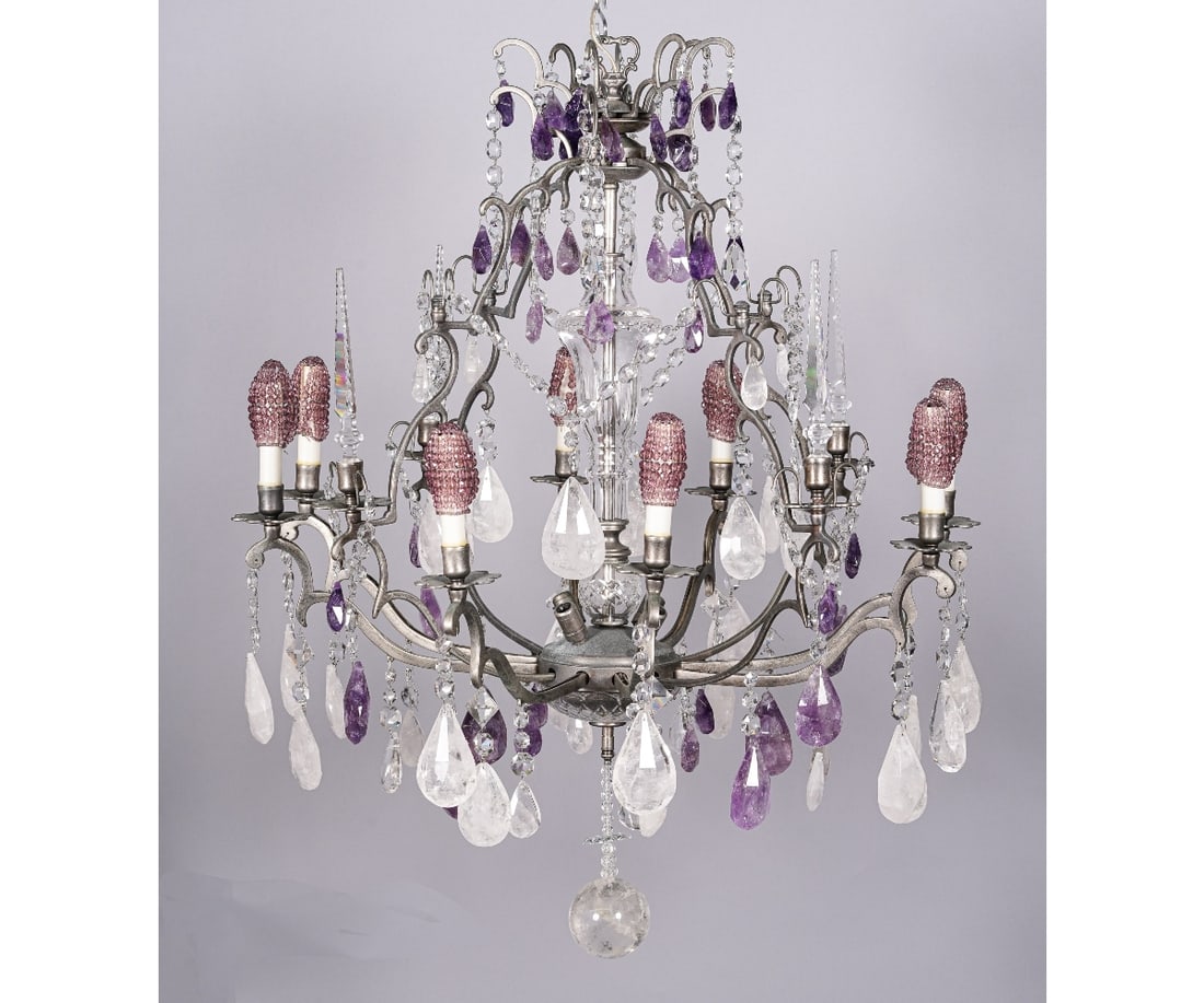 FRENCH STYLE ROCK CRYSTAL CHANDELIER: Beautiful French style rock crystal chandelier, 20th c., with four interior lights and eight-arm lights off a center shaft of brushed nickel, with rock crystal amethyst and cut crystal tear-drop prism