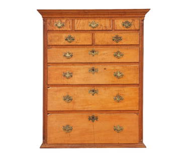 CHESTER CO. TIGER MAPLE TALL CHEST: Rare Chester County, PA, Octorara, tiger maple Chippendale tall chest, circa 1770, with Quaker locks and original brasses. 52"h x 42"w x 23.25"d