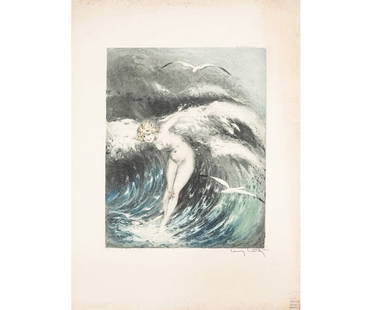 LOUIS ICART ETCHING: Louis Icart (1888-1950, French) etching titled "Venus in the Waves" #50, with signature, and embossed windmill stamp, dated 1931, unframed. 30" x 22" oa