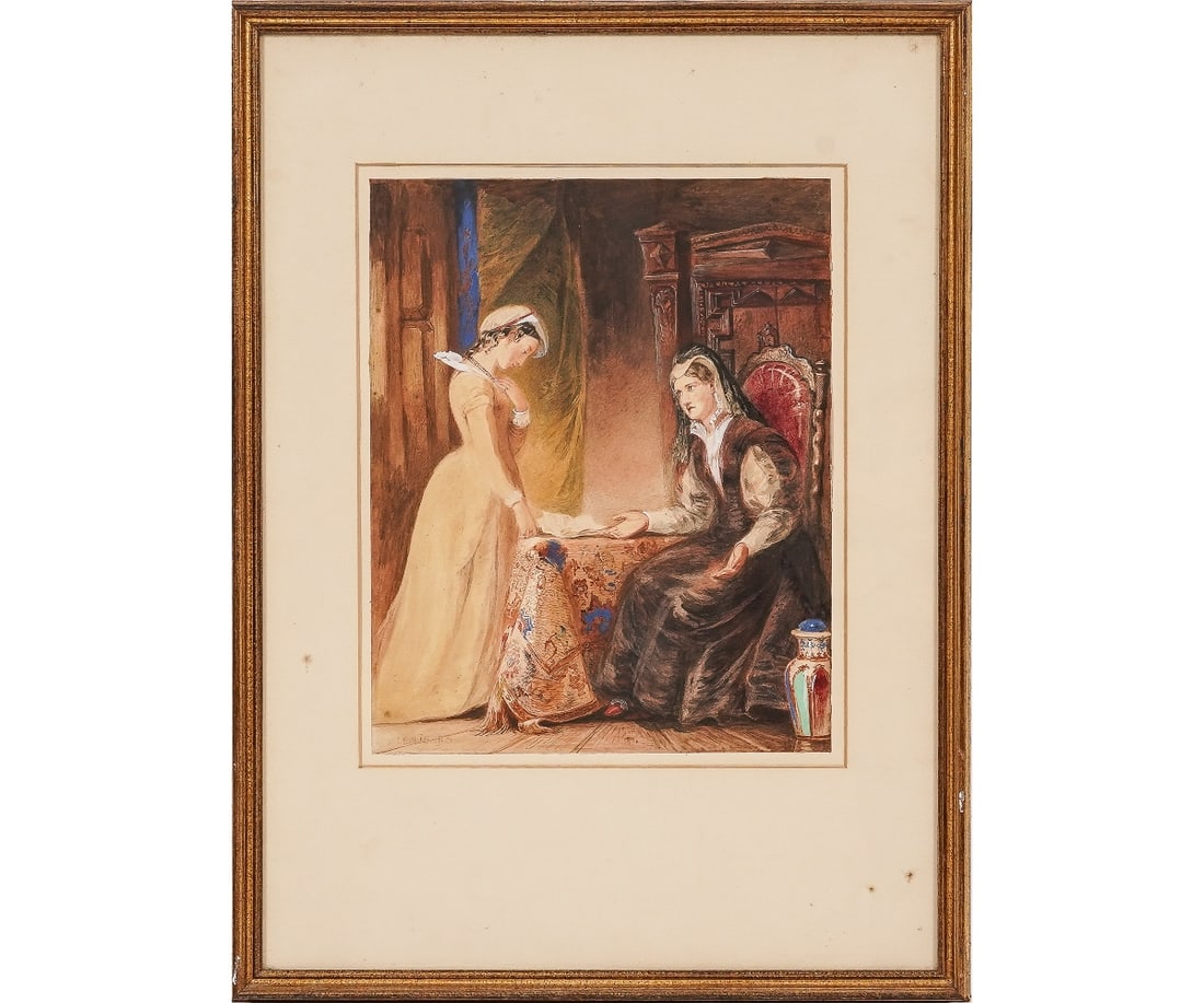 CHARLES ROBERT LESLIE WATERCOLOR: Charles Robert Leslie (1794-1859) framed and matted watercolor titled "The Letter Questioned", with Fry Gallery London, label. 13" x 10.5" ss / 23" x 17" oa