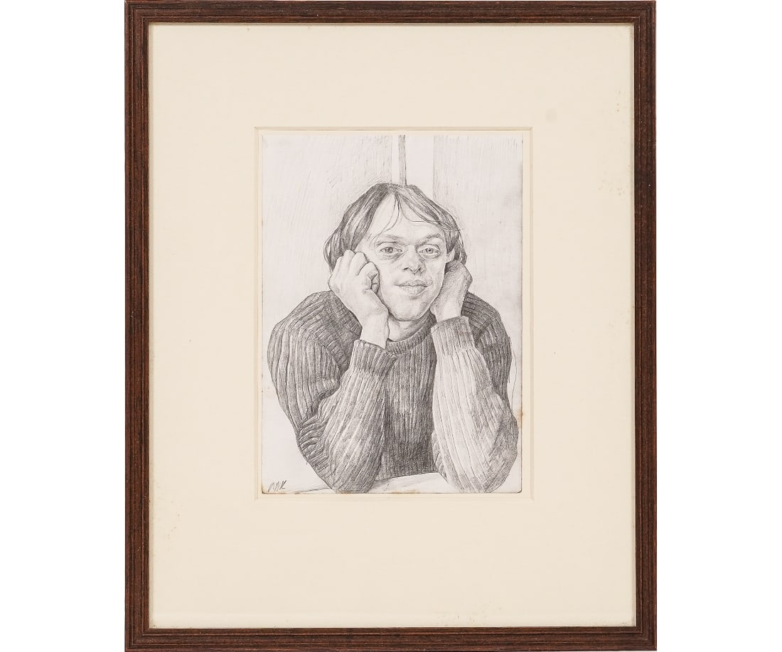SARAH RAPHAEL PENCIL PORTRAIT: Sarah Raphael (1960-2001, UK) framed and matted pencil portrait titled "Simon IV" with Agnew's Gallery, London label. 8" x 6" ss / 14.5" x 12" oa