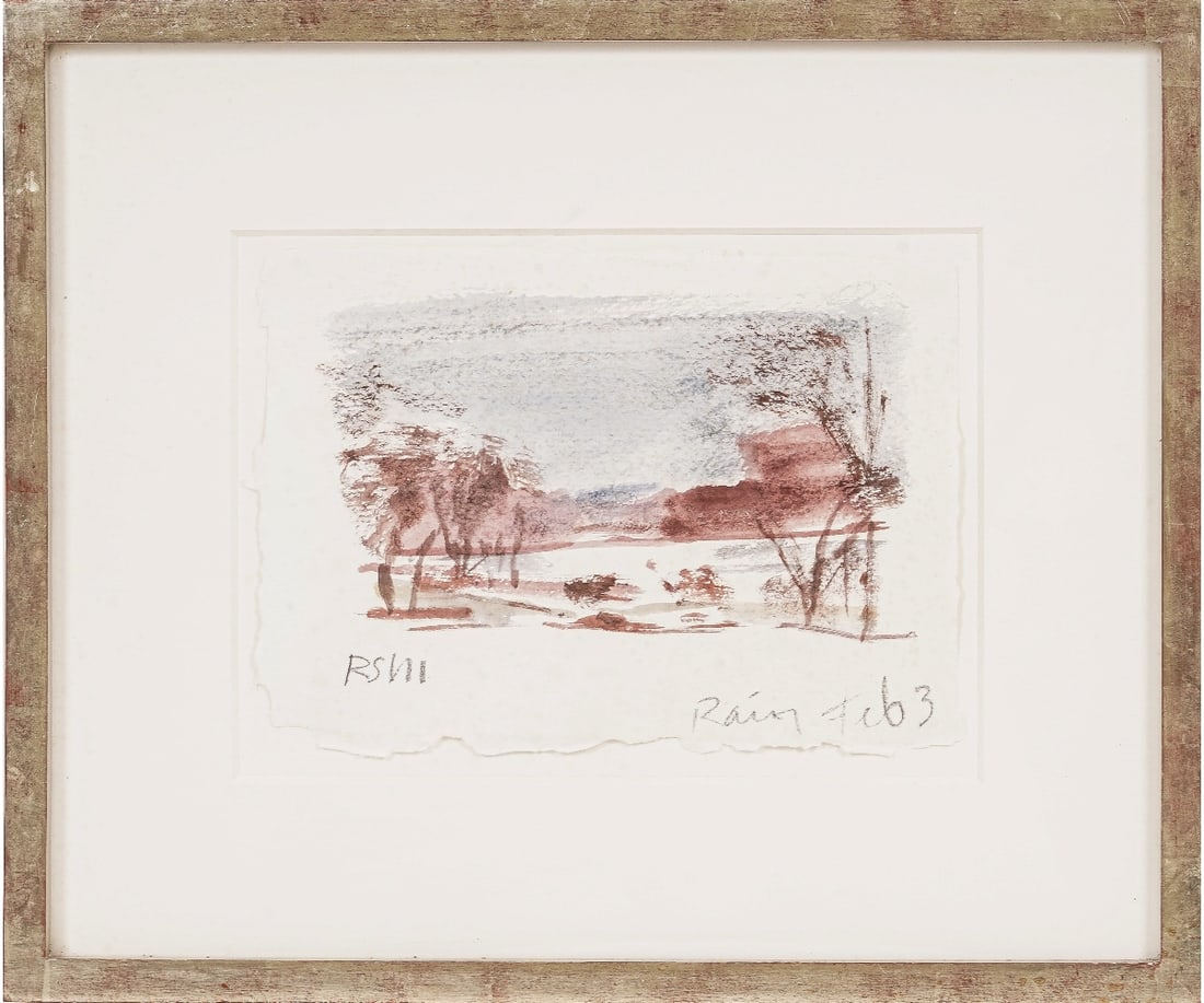 REEVE SCHLEY III WATERCOLOR: Reeve Schley III (b. 1936, NJ) framed watercolor titled "Rain Feb 3" and initialed RSIII. 8" x 11" ss / 15" x 18" oa