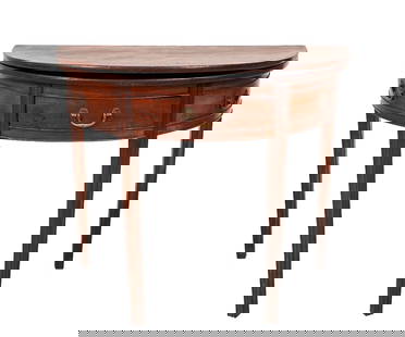 CHIPPENDALE DEMI-LUNE CARD TABLE: Chippendale cherry demi-lune card table, circa 1780, with flip top, single drawer and square molded legs. 29.5"h x 35.75"w x 18.25"d (closed)