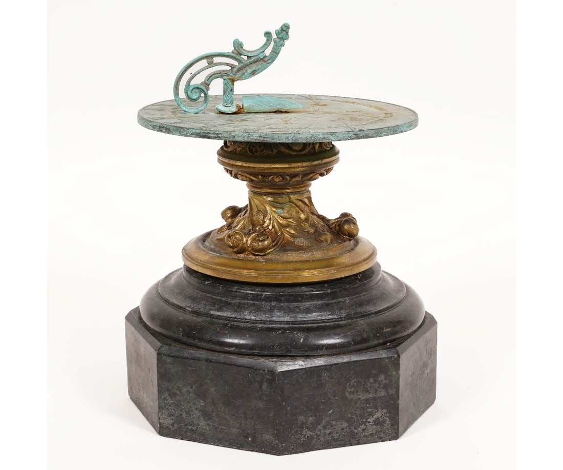 TABLETOP SUNDIAL: Bronze and granite tabletop sundial, 20th c. 14.25"h x 12"dia