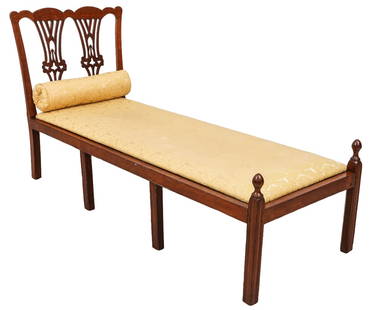 CHIPPENDALE FRUITWOOD DAYBED: Chippendale fruitwood daybed, circa 1780 with carved Gothic splat and yellow damask upholstery. 41.5"h x 73"l x 29"w