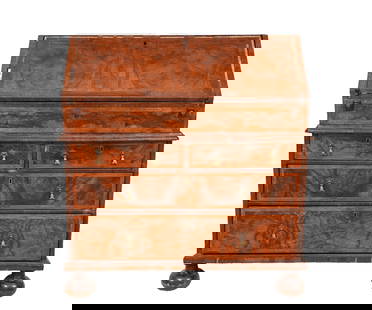 WILLIAM & MARY CAMPAIGN DESK: William & Mary slant lid mahogany inlaid campaign desk in two parts, with step-down interior . 42.25"h x 40"w x 20.5"d