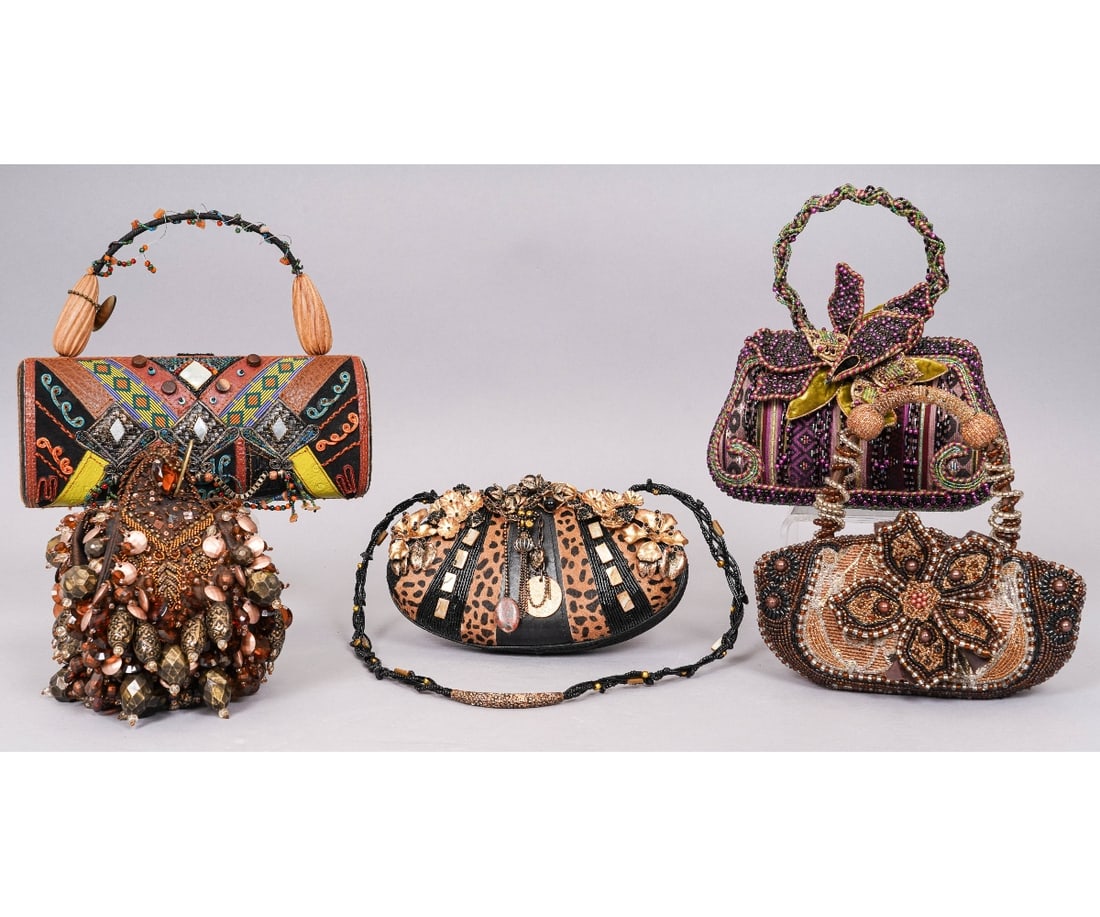 FIVE MARY FRANCES HANDBAGS: Five Mary Frances handbags all beaded and embellished with natural stones, rhinestones, beads, crystals and trim, probably mid 1990's. Largest: 8"h (top of handle) x 9.5"w x 3"d